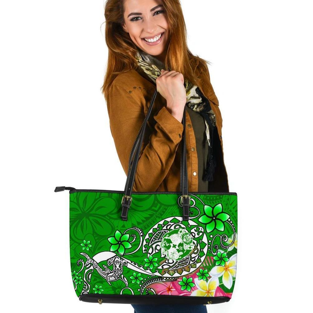 Tonga Large Leather Tote Bag - Turtle Plumeria (Green) Green - Polynesian Pride