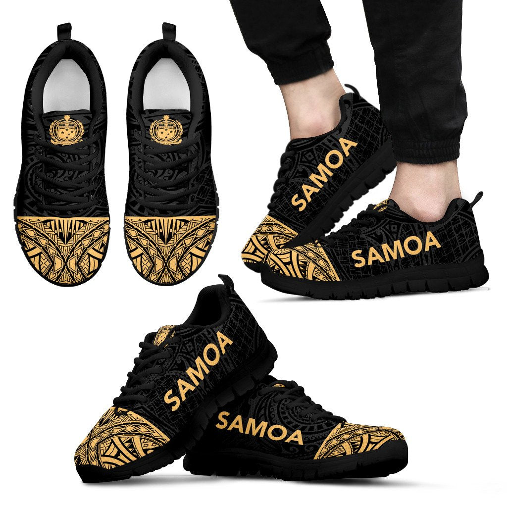 Samoa Sneakers - Samoa Coat Of Arms Polynesian Tattoo Gold Style Men's Sneakers - Black Sole - Polynesian Pride