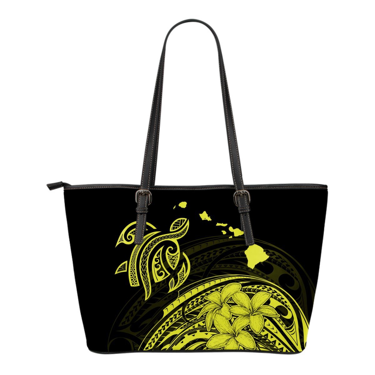 Hawaii Map Plumeria Polynesian Yellow Turtle Small Leather Tote Yellow - Polynesian Pride