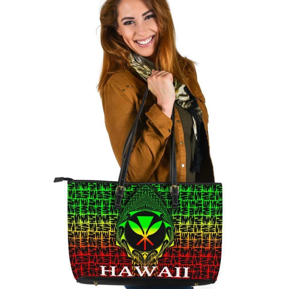 Hawaii large Leather Tote Bag - Kanaka Maoli Rocket Style (Reggae) Black - Polynesian Pride