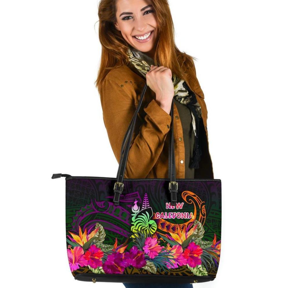 New Caledonia Polynesian Large Leather Tote Bag - Summer Hibiscus Reggae - Polynesian Pride