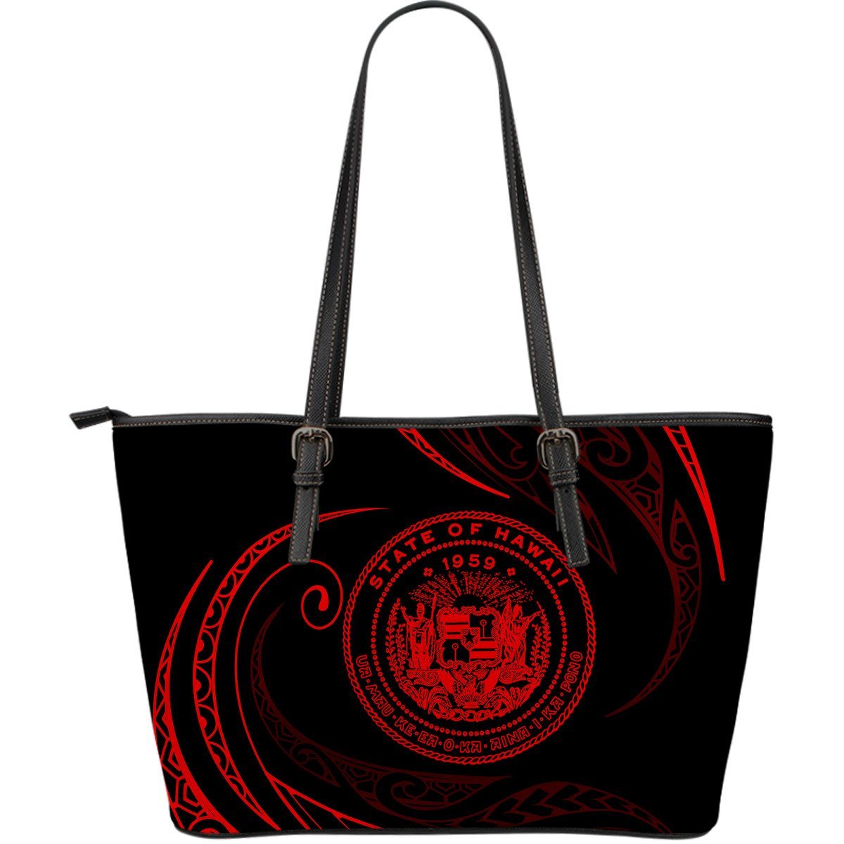 Hawaii Coat Of Arms Large Leather Tote - Red - Frida Style Black - Polynesian Pride