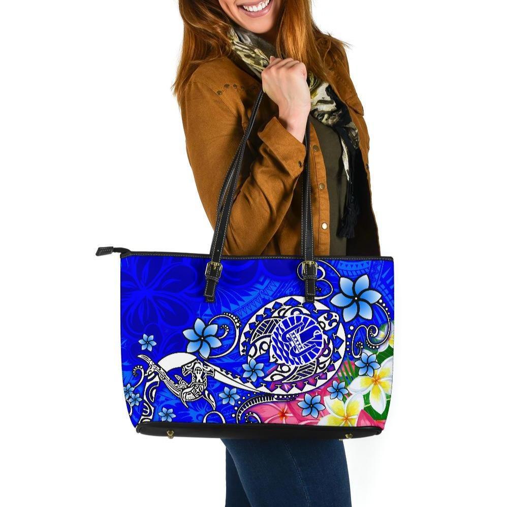 Tahiti Large Leather Tote Bag - Turtle Plumeria (Blue) Blue - Polynesian Pride