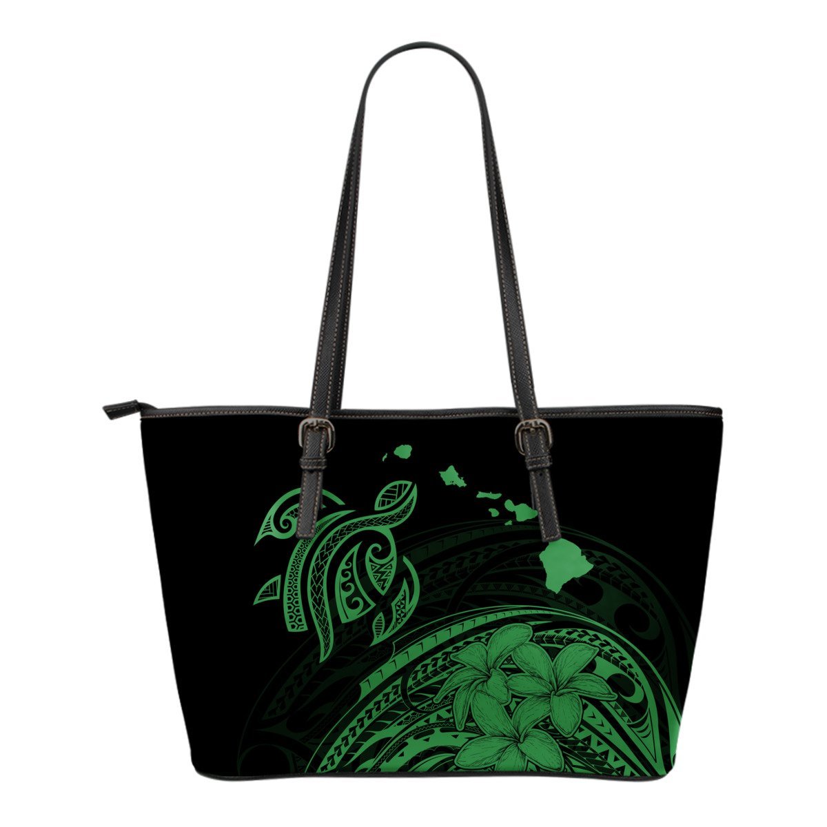 Hawaii Map Plumeria Polynesian Green Turtle Small Leather Tote Green - Polynesian Pride