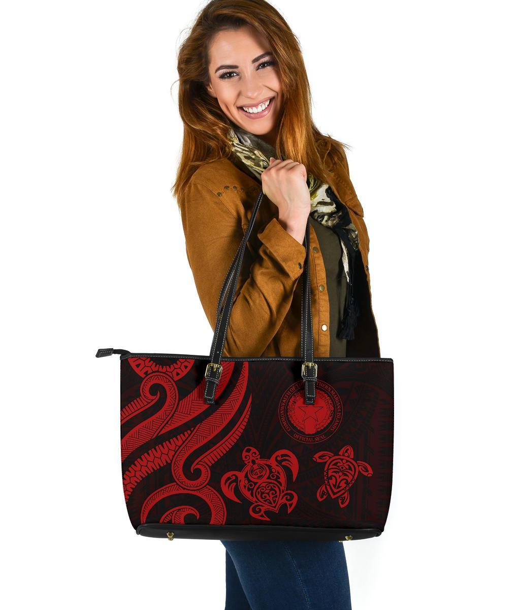 Northern Mariana Large Leather Tote - Tentacle Turtle Red Red - Polynesian Pride