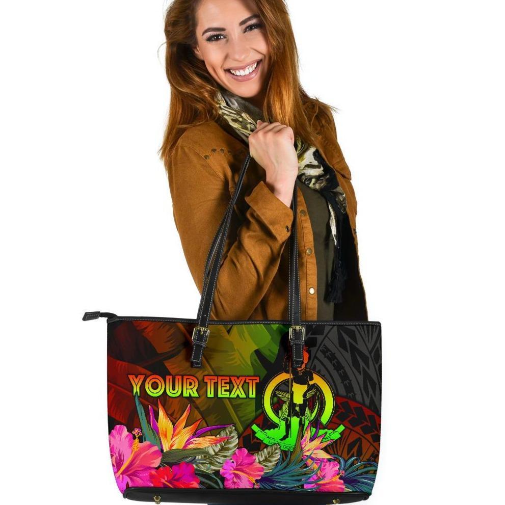 Vanuatu Polynesian Personalised Large Leather Tote Bag - Hibiscus and Banana Leaves Reggae - Polynesian Pride