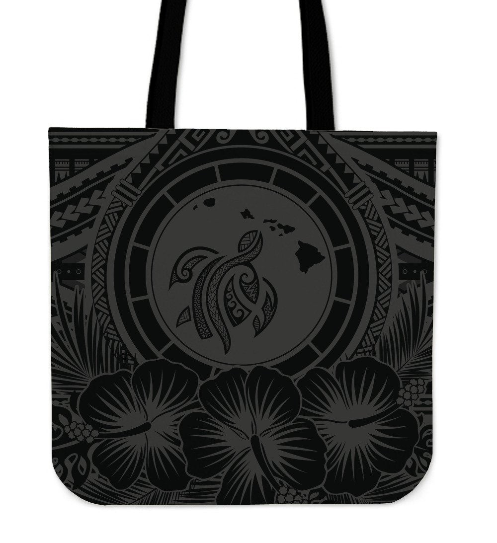 Hawaii Map Honu Hibiscus Gray Polynesian Tote Bag Tote Bag One Size Gray - Polynesian Pride