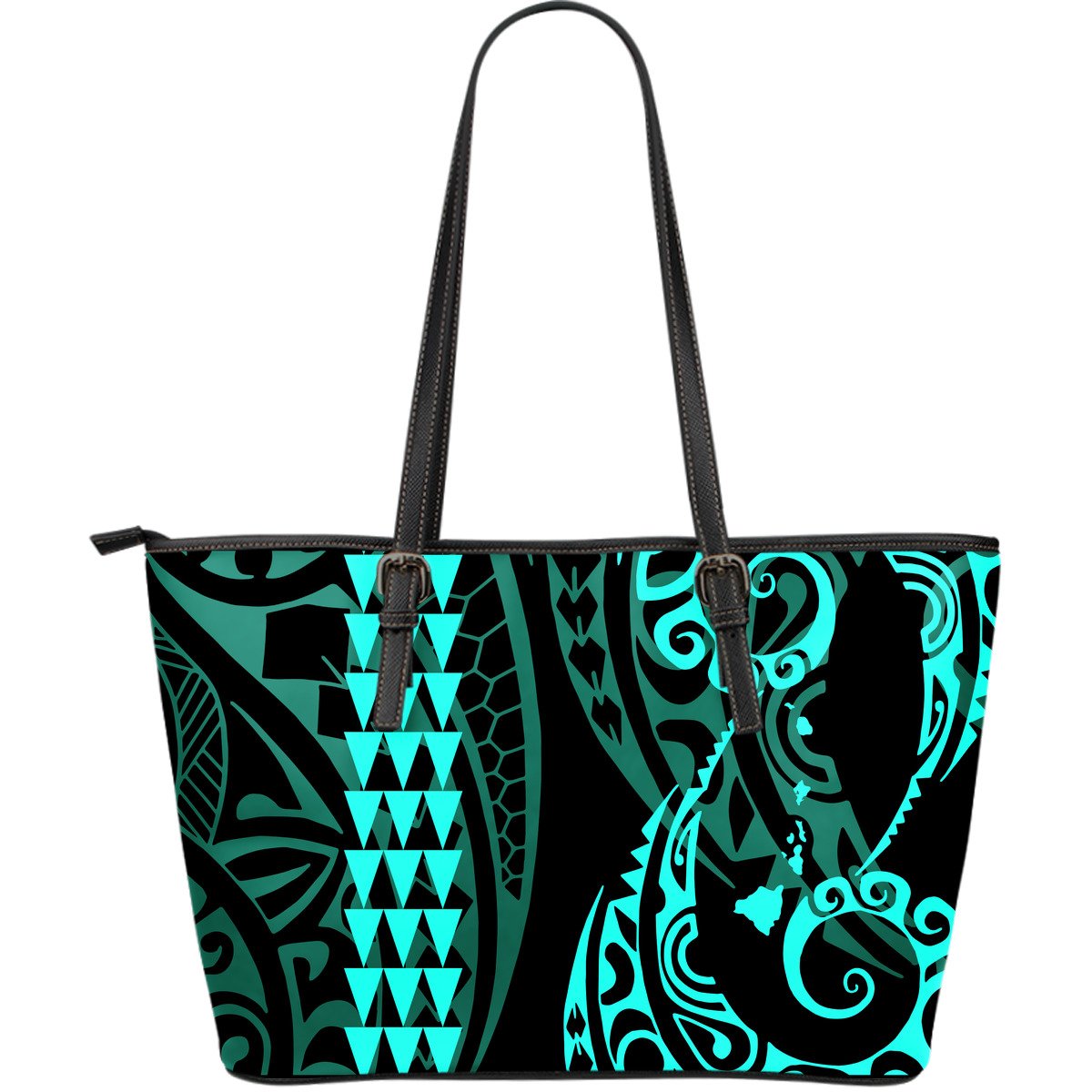 Hawaii Kakau Turquoise Polynesian Large Leather Tote Turquoise - Polynesian Pride