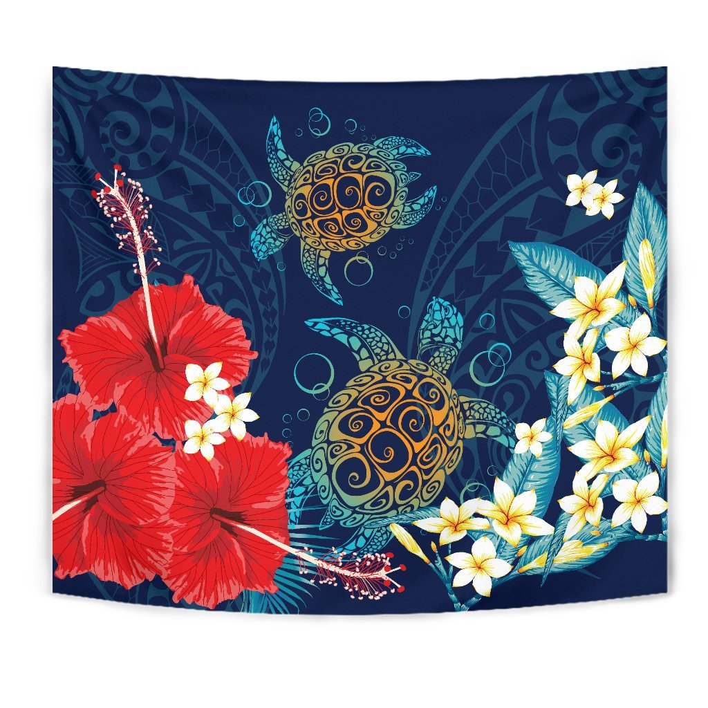 Hawaiian Turtle Hibiscus Polynesian Tapestry - Blue - Edna Style - AH - Polynesian Pride