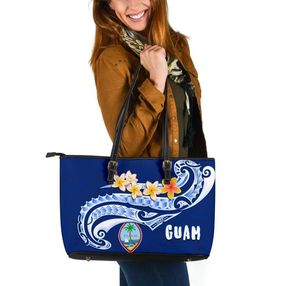 Guam Large Leather Tote Bag - Guam Seal Polynesian Patterns Plumeria (Blue) Blue - Polynesian Pride