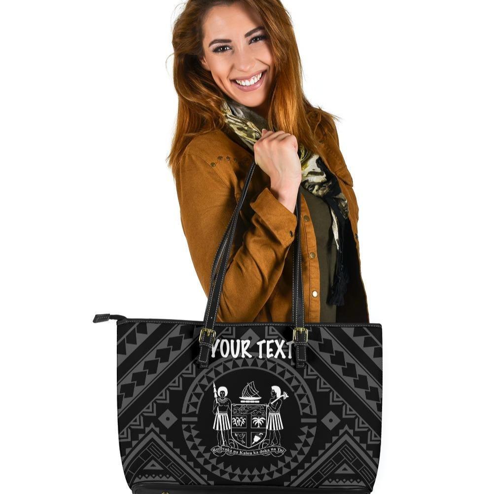 Fiji Personalised Leather Tote Bag - Fiji Seal With Polynesian Tattoo Style ( Black) Black - Polynesian Pride