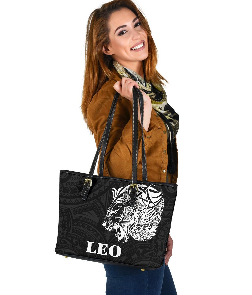 Sun In Leo Zodiac Small Leather Tote Polynesian Tattoo Simple - White Black - Polynesian Pride