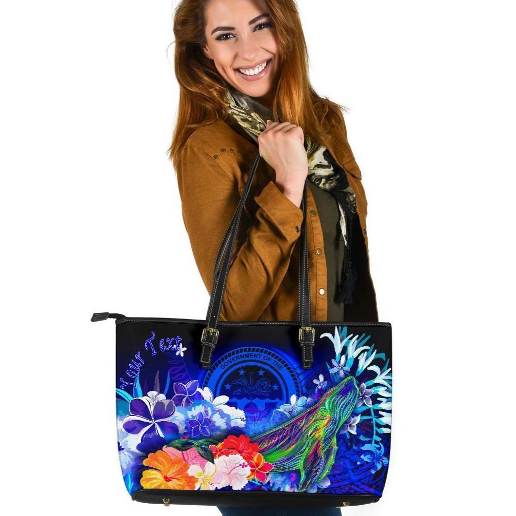 Federated States of Micronesia Custom Personalised Large Leather Totes Bag - Humpback Whale with Tropical Flowers (Blue) Blue - Polynesian Pride