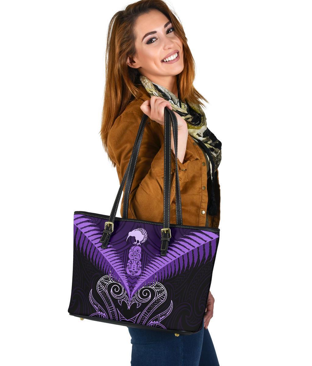 Maori Manaia New Zealand Small Leather Tote Purple Black - Polynesian Pride