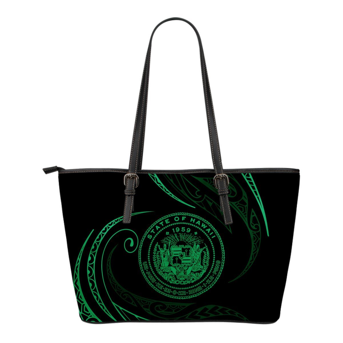 Hawaii Coat Of Arms Small Leather Tote - Green - Frida Style Black - Polynesian Pride