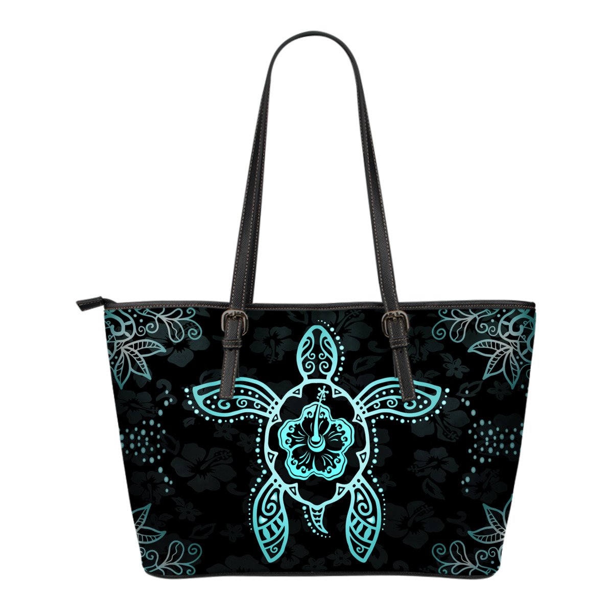 Turtle And Hibiscus Small Leather Tote Bag 05 White - Polynesian Pride