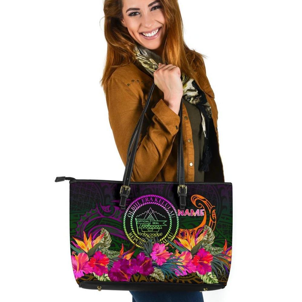 Palau Personalised Large Leather Tote Bag - Summer Hibiscus Reggae - Polynesian Pride