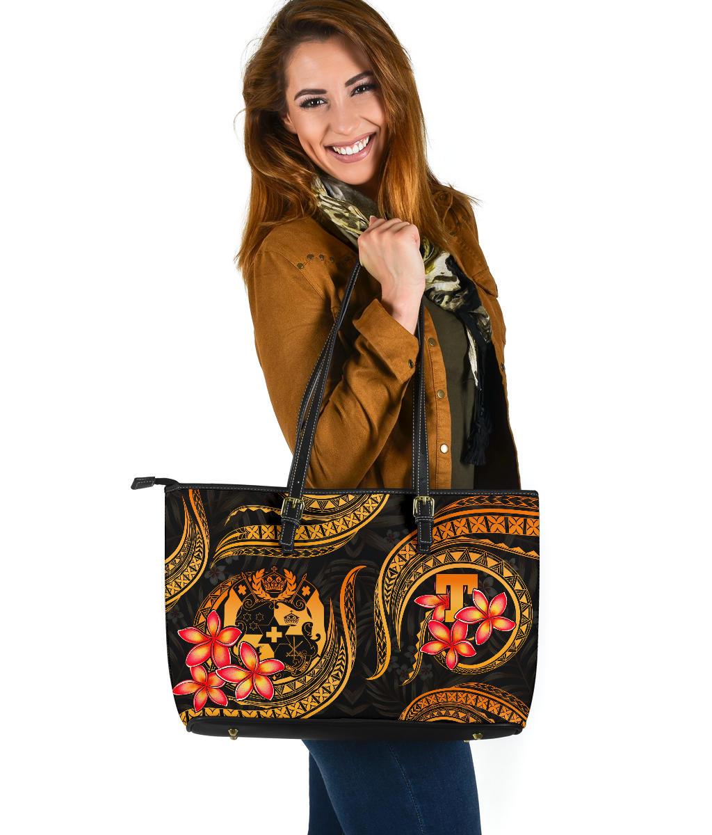 Tonga Polynesian Large Leather Tote Bag - Gold Plumeria GOLD - Polynesian Pride