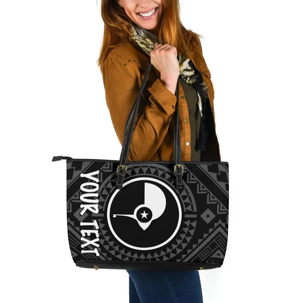 Yap Personalised Large Leather Tote Bag - Yap Seal With Polynesian Tattoo Style Black - Polynesian Pride