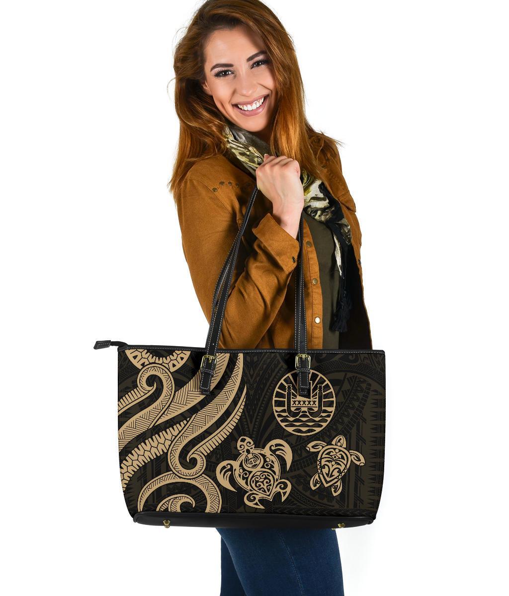 Tahiti Polynesian Large Leather Tote Bag - Gold Tentacle Turtle Gold - Polynesian Pride