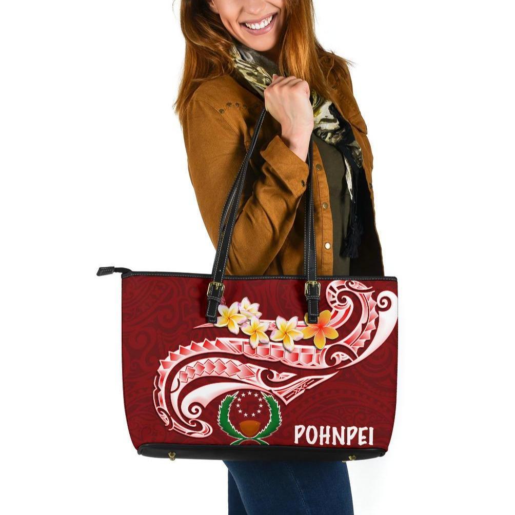 Pohnpei Large Leather Tote Bag - Pohnpei Seal Polynesian Patterns Plumeria Red - Polynesian Pride