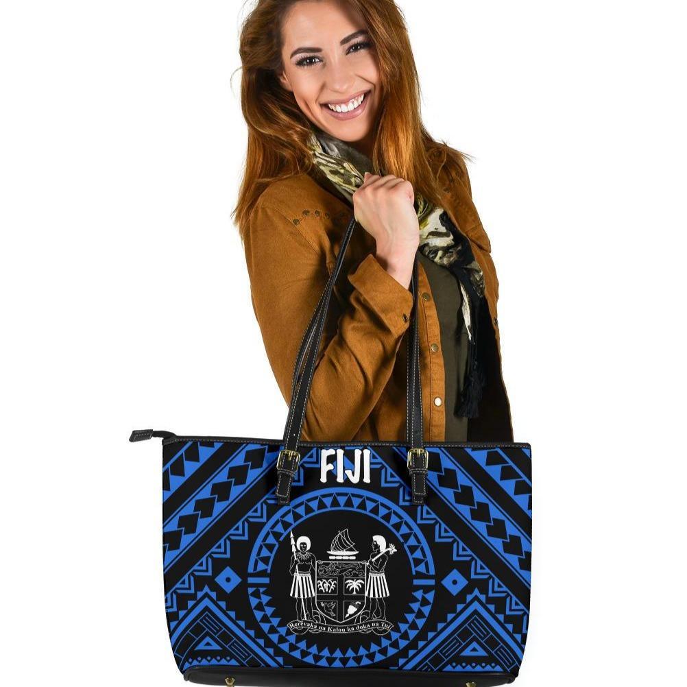 Fiji Leather Tote Bag - Fiji Seal With Polynesian Tattoo Style (Blue) Blue - Polynesian Pride