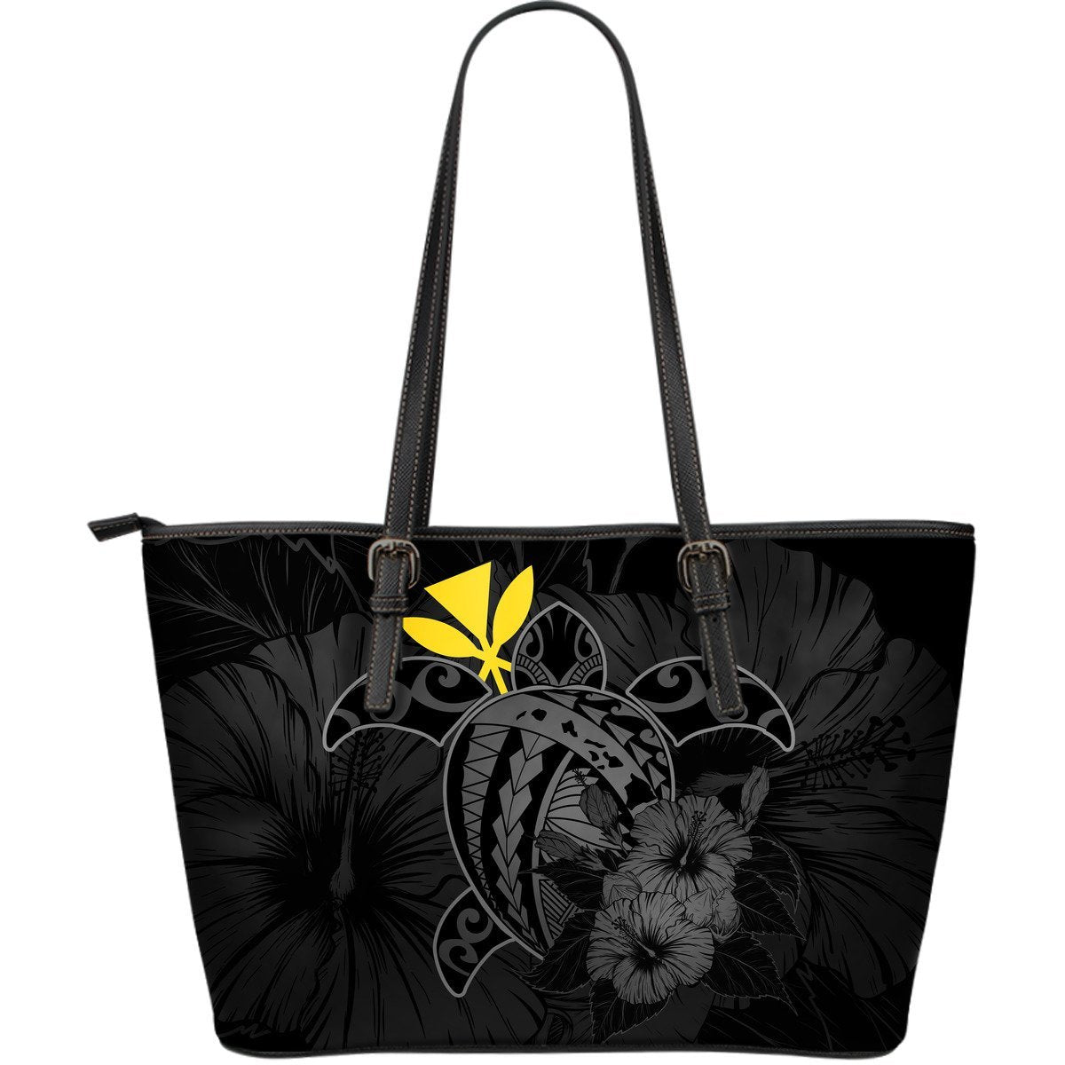 Hawaii Hibiscus Large Leather Tote Bag - Harold Turtle - Gray Gray - Polynesian Pride