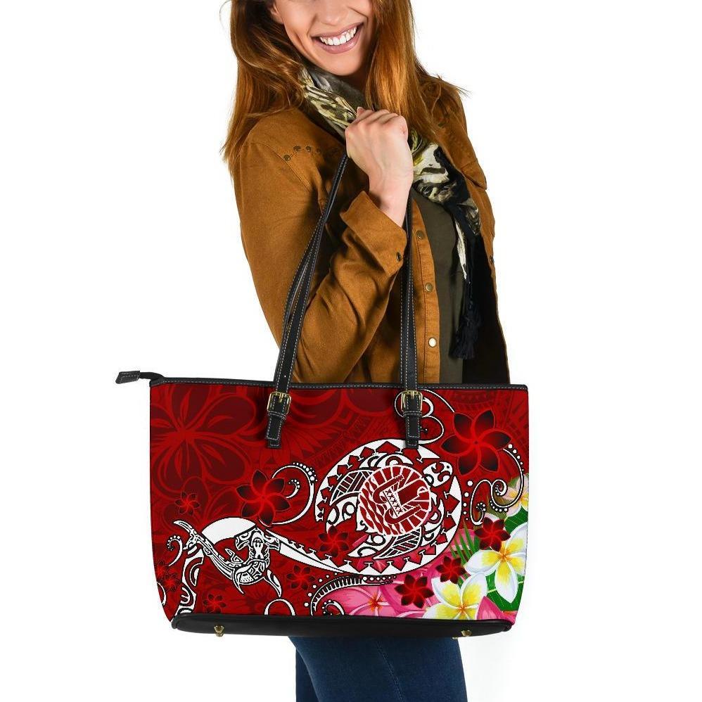 Tahiti Large Leather Tote Bags - Turtle Plumeria (Red) Red - Polynesian Pride