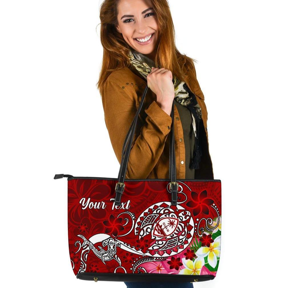 Guam Custom Personalised Leather Tote Bag - Turtle Plumeria (Red) Red - Polynesian Pride