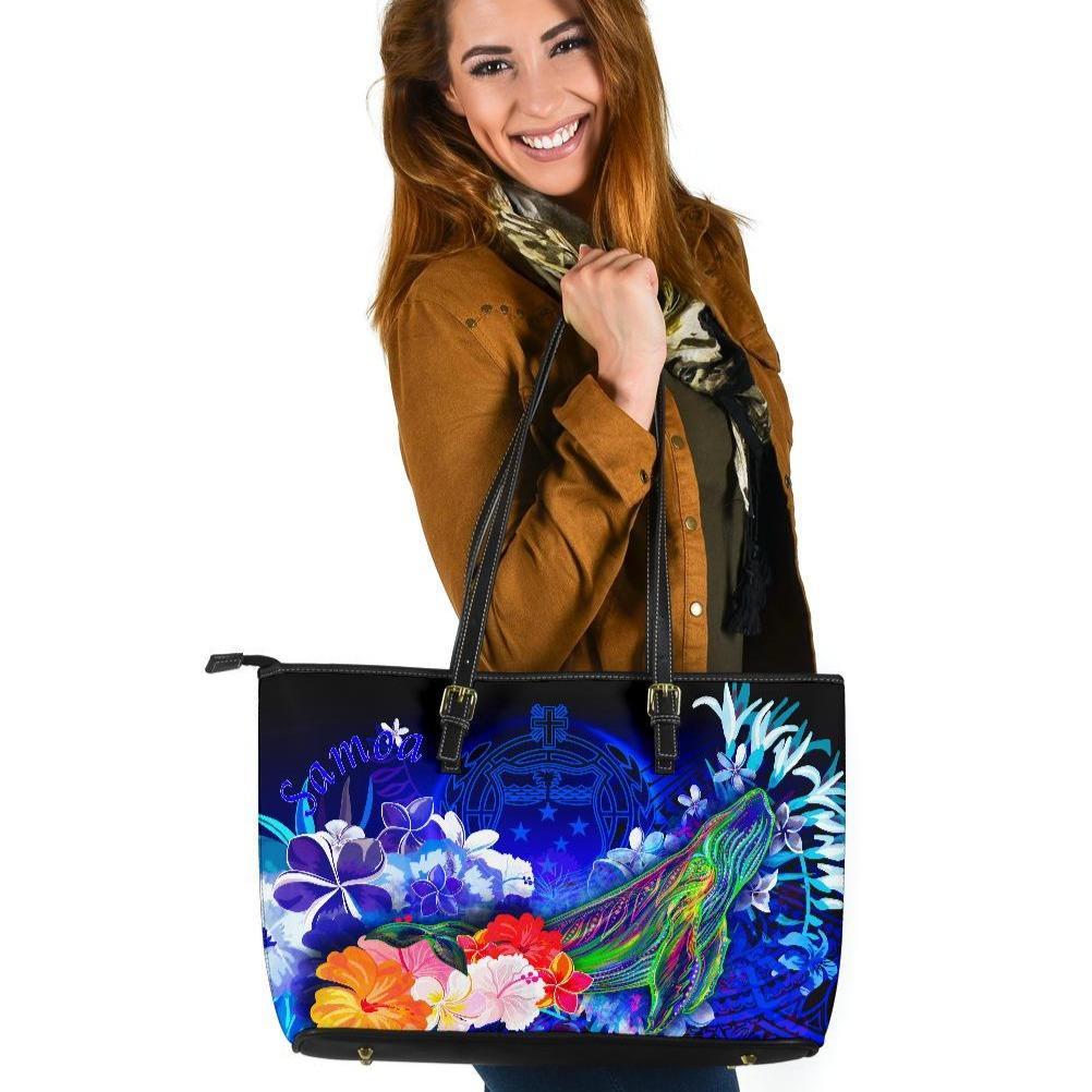 Samoa Large Leather Tote Bag - Humpback Whale with Tropical Flowers (Blue) Blue - Polynesian Pride