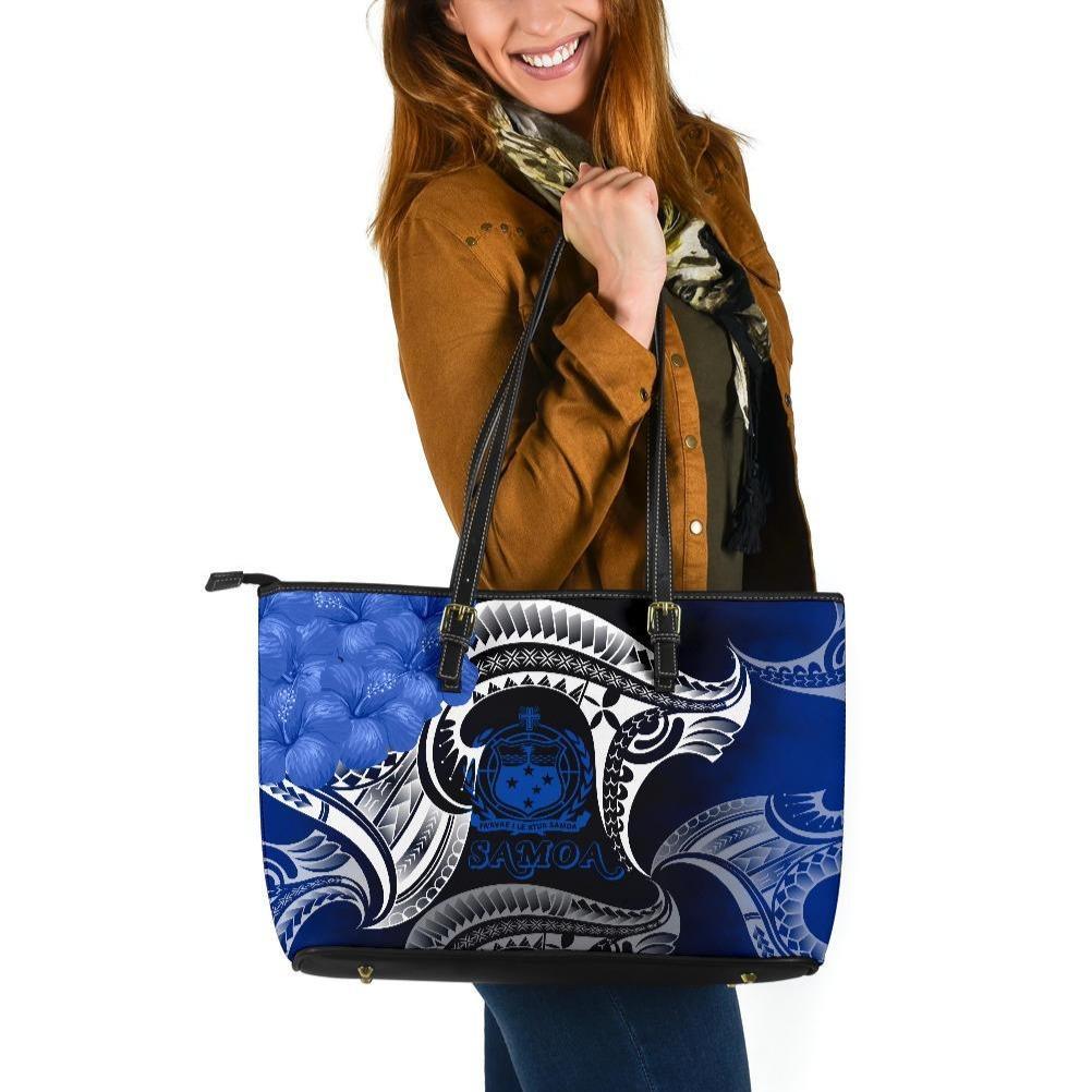 Samoa Large Leather Tote Bag - Samoa Seal Wave Style (Blue) Blue - Polynesian Pride