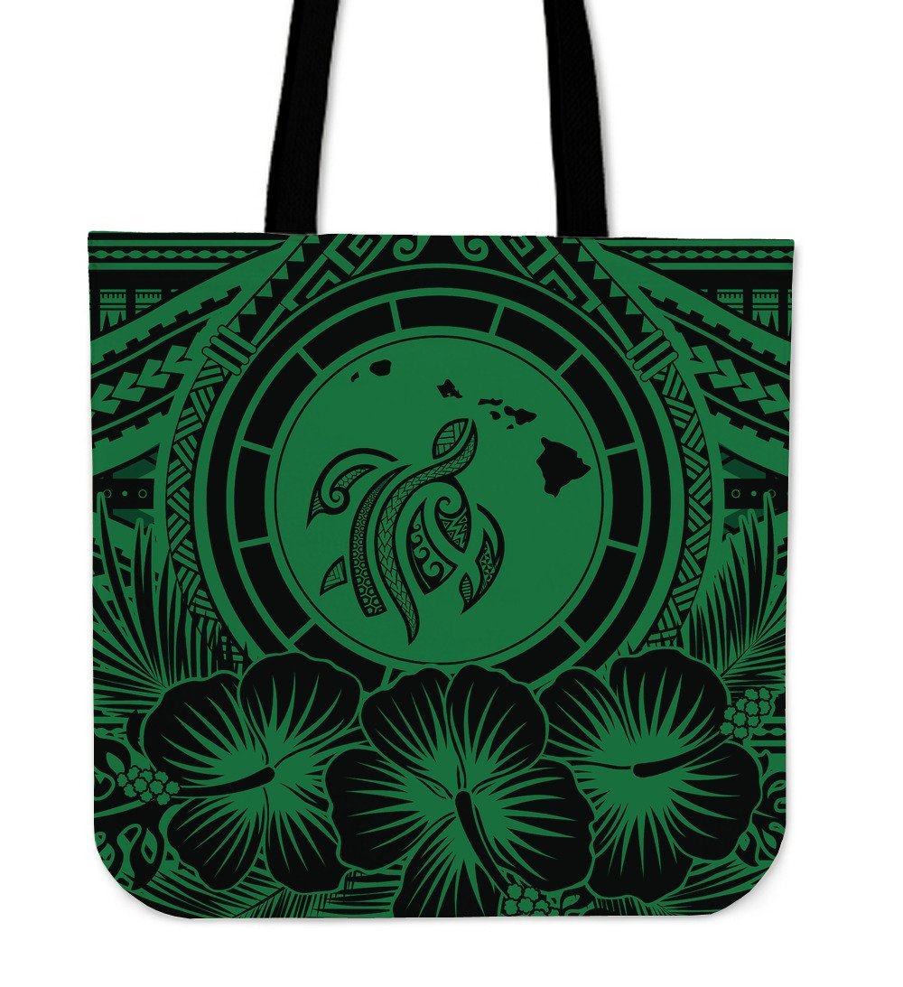 Hawaii Map Honu Hibiscus Green Polynesian Tote Bag Tote Bag One Size Green - Polynesian Pride