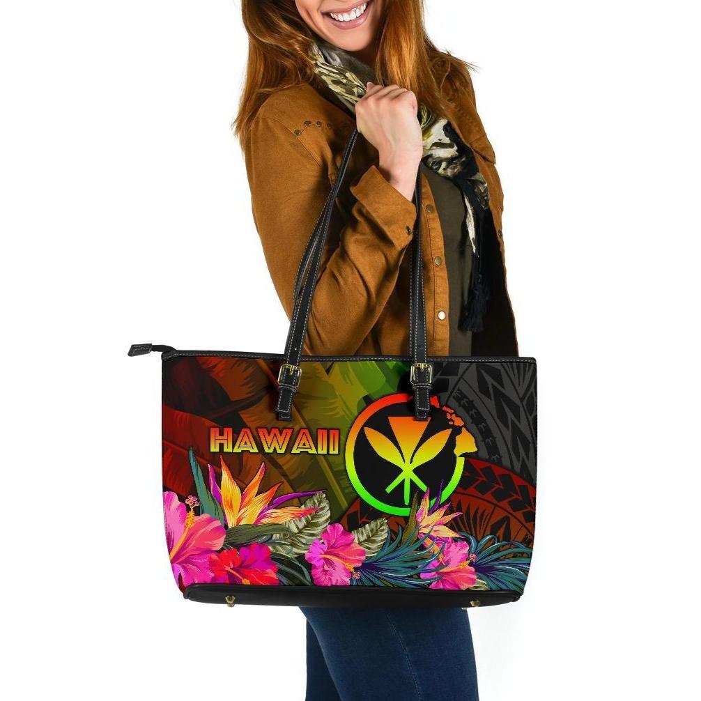 Polynesian Hawaii Kanaka Maoli Polynesian Large Leather Tote Bag - Hibiscus and Banana Leaves Reggae - Polynesian Pride