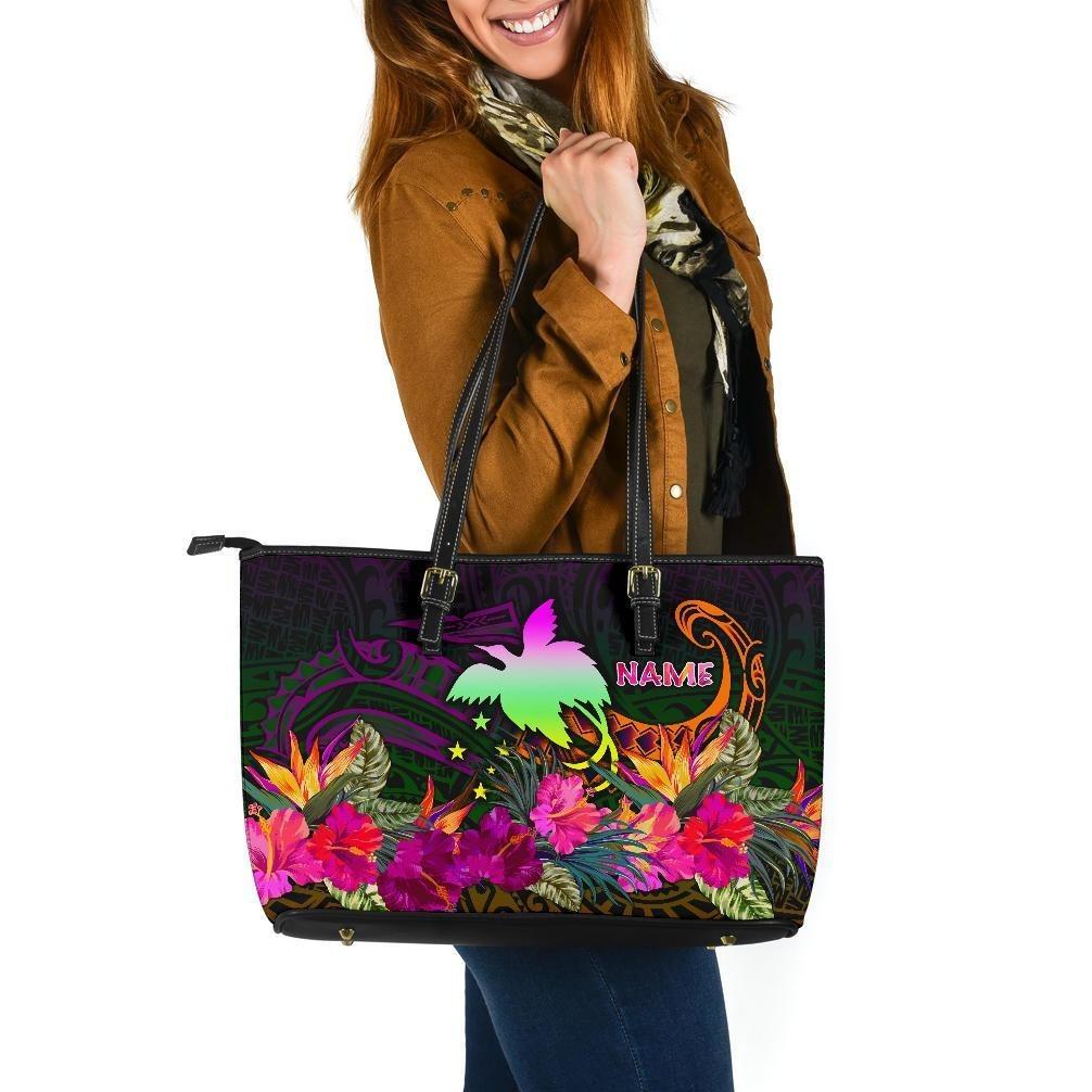 Papua New Guinea Personalised Large Leather Tote Bag - Summer Hibiscus Reggae - Polynesian Pride