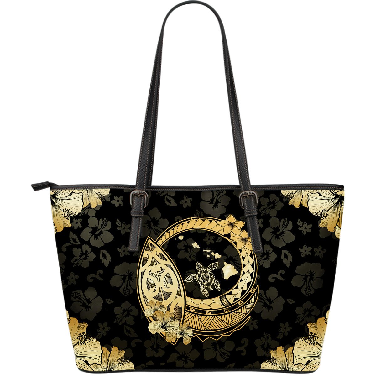 Hawaii Hibiscus Map Polynesian Leather Tote Black - Polynesian Pride