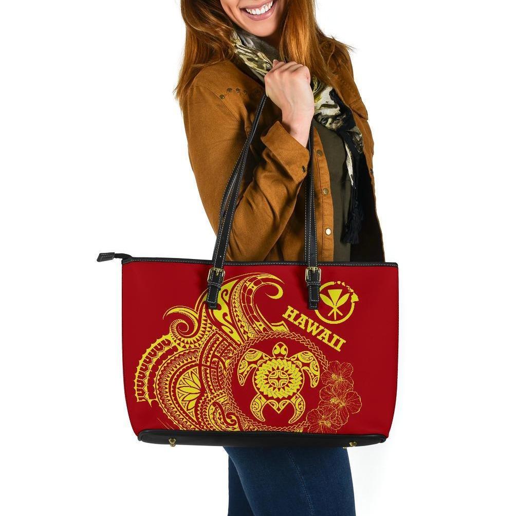 Hawaii Polynesian Large Leather Tote Bag - Vintage Polynesian Turtle (Red) Red - Polynesian Pride