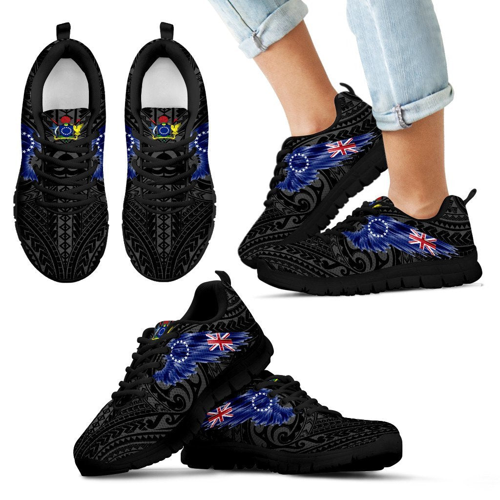 Cook Islands Sneakers - Cook Islands Coat Of Arms & Flag Wing - A8 Kid's Sneakers - Black Sole - Polynesian Pride