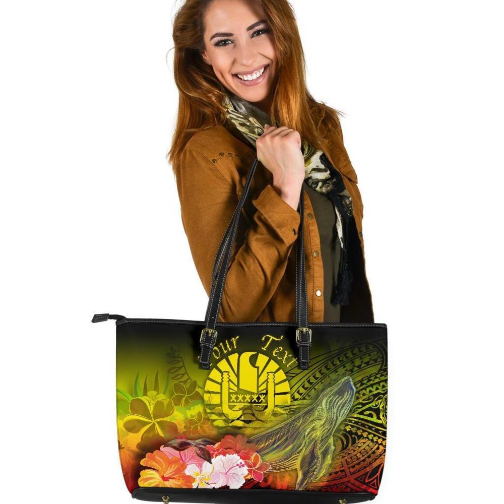 Tahiti Custom Personalised Leather Tote Bag - Humpback Whale with Tropical Flowers (Yellow) Black - Polynesian Pride