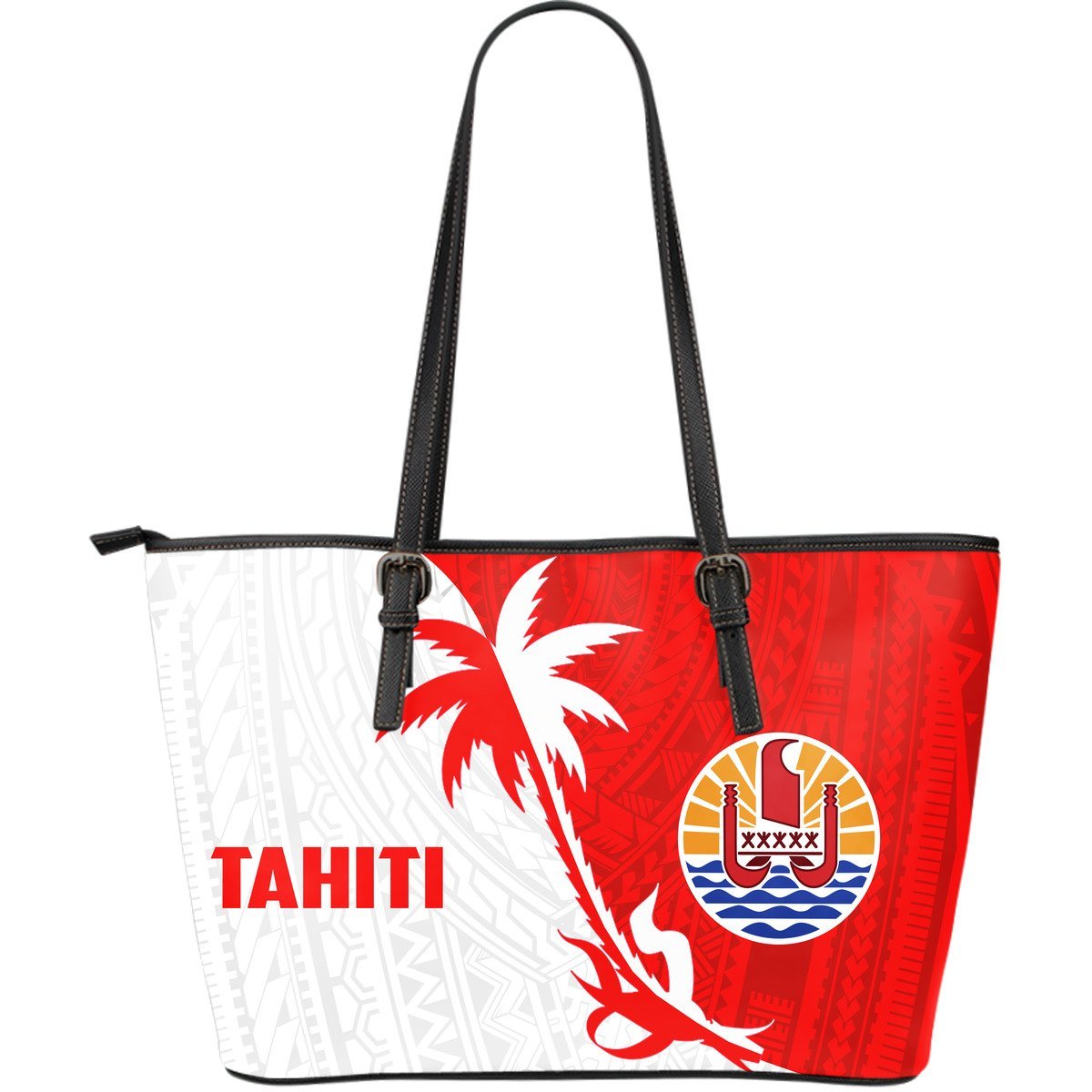 Tahiti Polynesian Coconut Tree Large Leather Tote Bag Red - Polynesian Pride