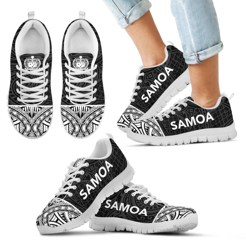 Samoa Sneakers - Samoa Coat Of Arms Polynesian Tattoo Black Style Kid's Sneakers - White Sole - Polynesian Pride