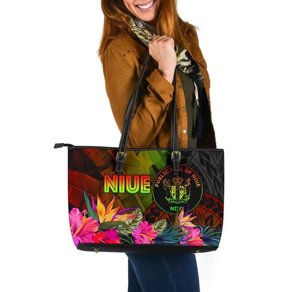 Niue Polynesian Large Leather Tote Bag - Hibiscus and Banana Leaves Reggae - Polynesian Pride