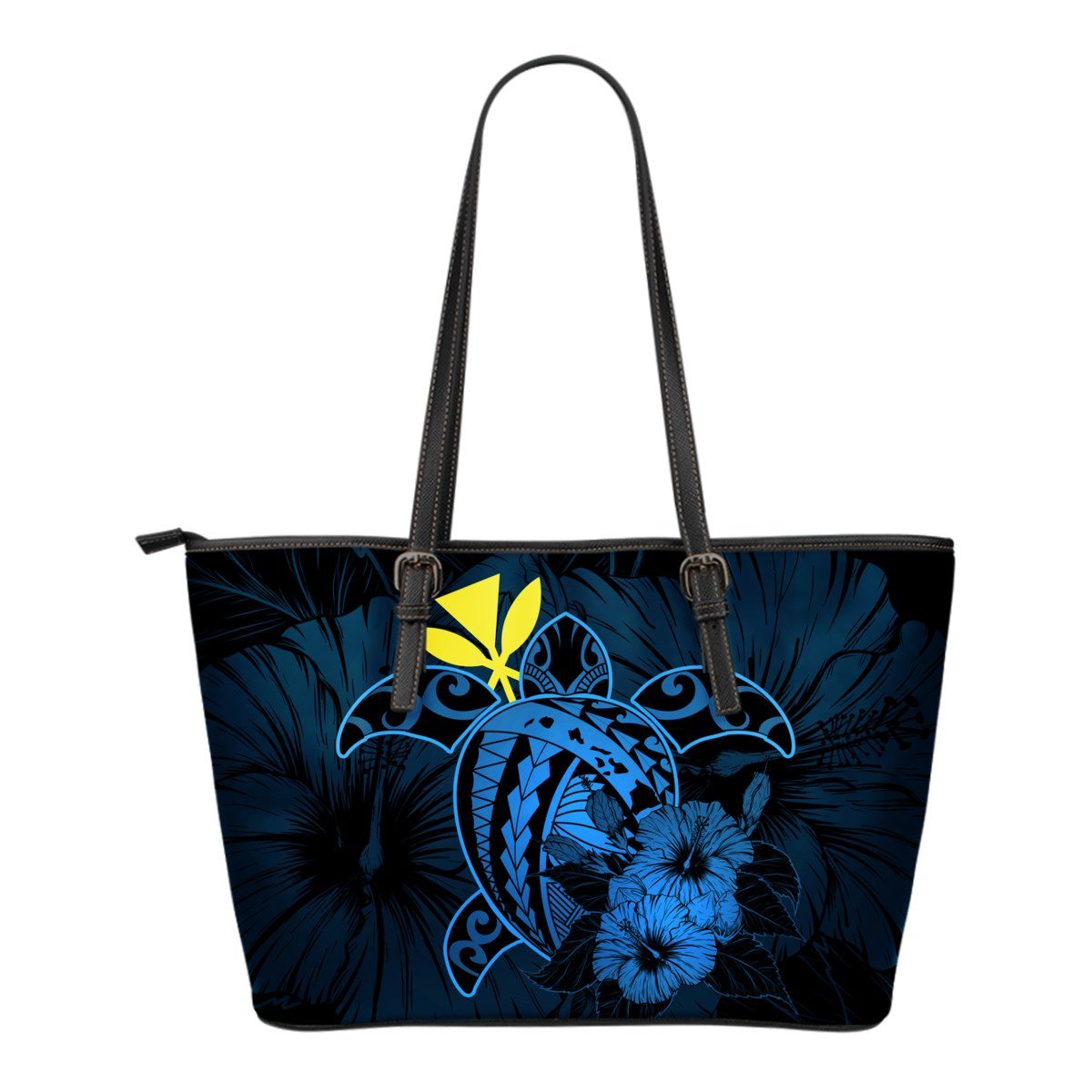 Hawaii Hibiscus Small Leather Tote Bag - Harold Turtle - Traffic Blue Blue - Polynesian Pride