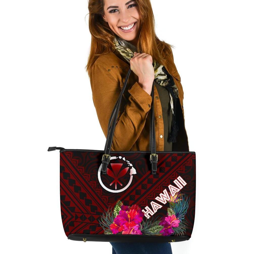 Hawaii Large Leather Tote Bag - Kanaka Maoli With Hibiscus On Polynesian Patterns (RED) Red - Polynesian Pride