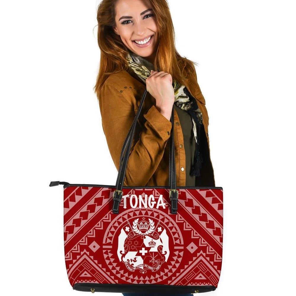 Tonga Leather Tote Bag - Tonga Seal With Polynesian Tattoo Style (Red) Red - Polynesian Pride