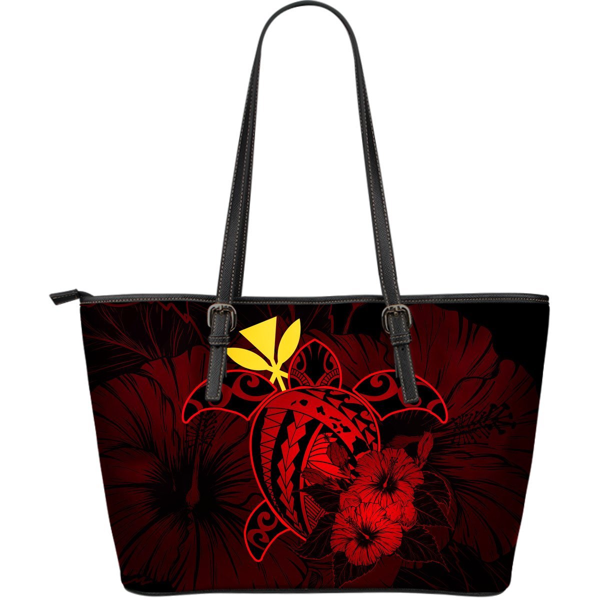 Hawaii Hibiscus Large Leather Tote Bag - Harold Turtle - Red Red - Polynesian Pride