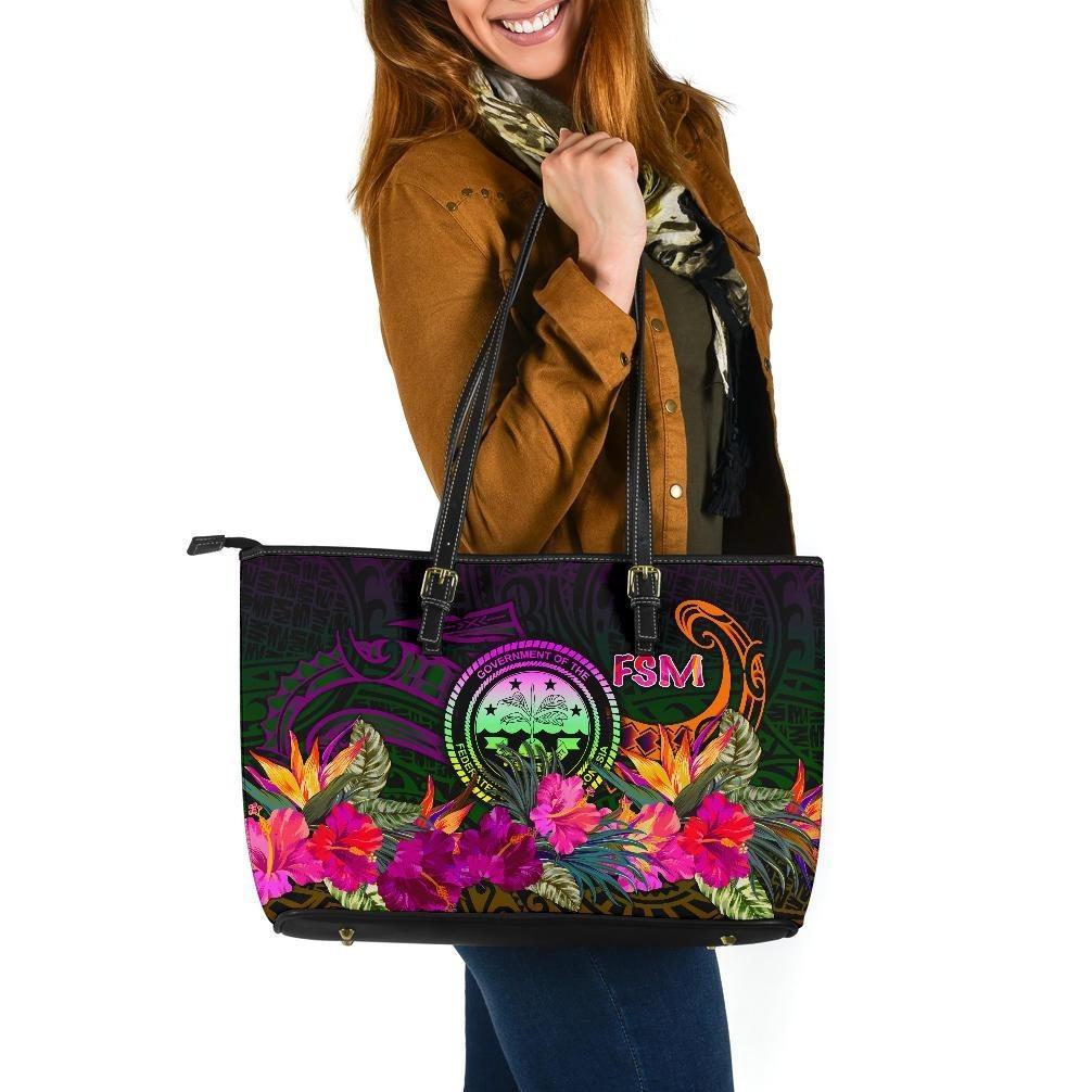 Federated States of Micronesia Large Leather Tote Bag - Summer Hibiscus Reggae - Polynesian Pride