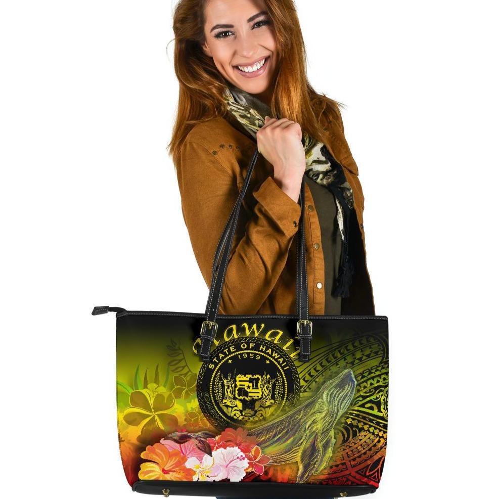 Polynesian Hawaii Leather Tote Bag - Humpback Whale with Tropical Flowers (Yellow) Yellow - Polynesian Pride