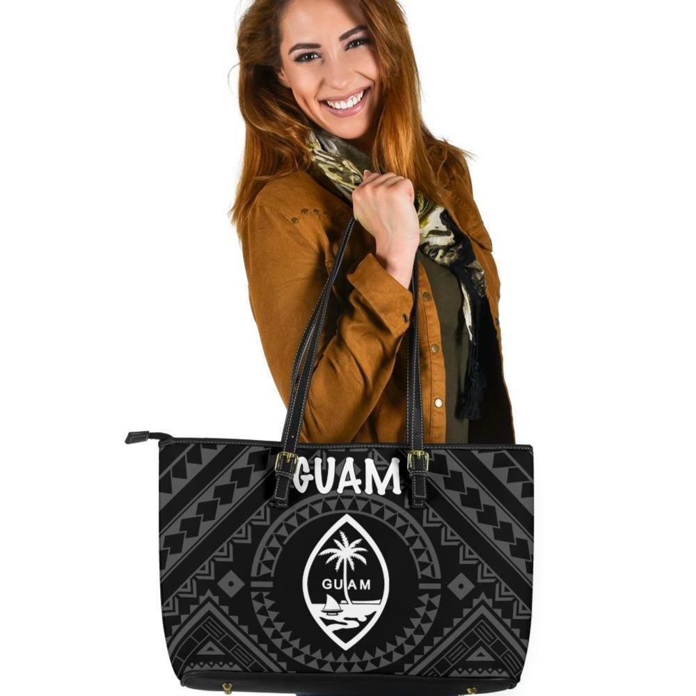 Guam Leather Tote Bag - Guam Seal With Polynesian Tattoo Style (Black) Black - Polynesian Pride