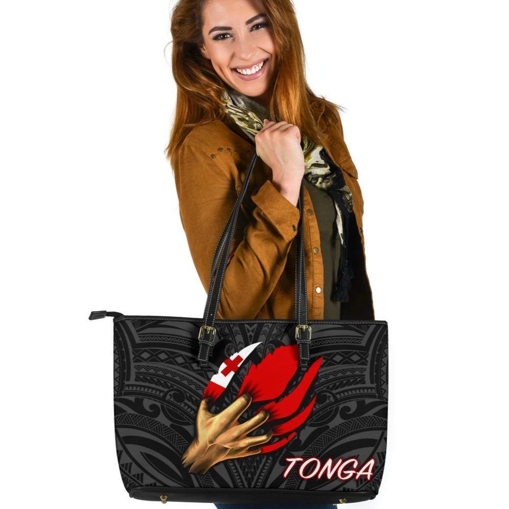 Tonga Leather Tote Bag - Tongan Is Myself (Black) Black - Polynesian Pride