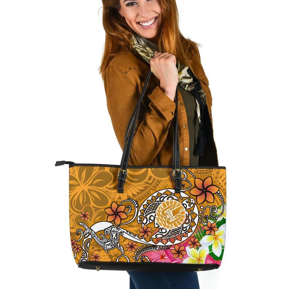 Tahiti Large Leather Tote Bag - Turtle Plumeria (Gold) Gold - Polynesian Pride